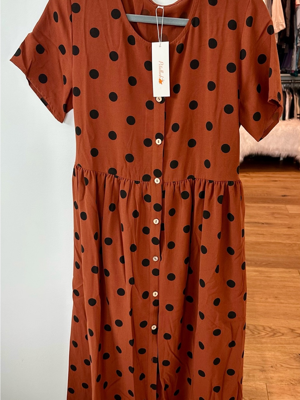 Women's Petallush Rust Midi Dress with Black Polka Dots